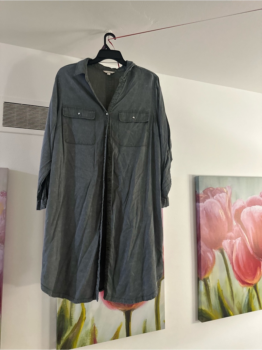Terra & Sky- Casual Long Hooded Shirt Jacket -Greenish Gray
